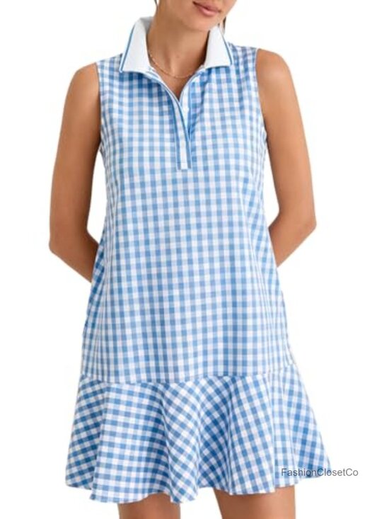 Dresses & Skirts - Women's Gingham Polo Dress Sleeveless Mini Tennis Dress Ruffle Hem Button Front